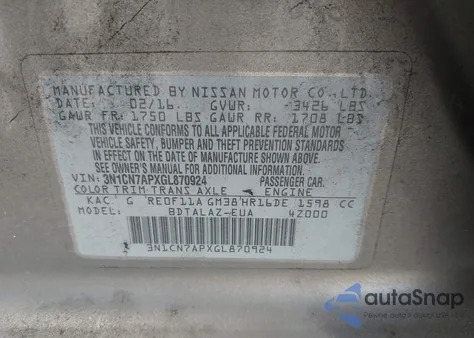 2016 Nissan Versa 1.6 S+ z USA, uszkodzony, nr VIN 3N1CN7APXGL870924